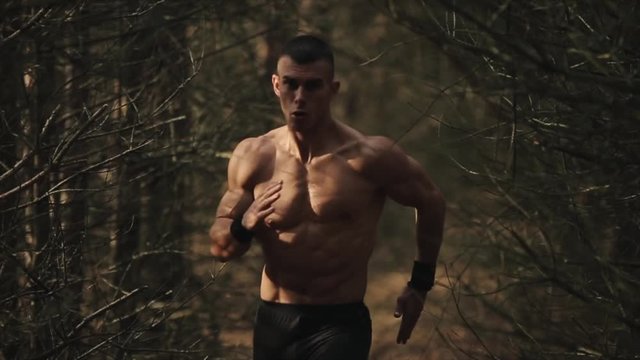 Sportsman with a naked torso and on concentrated face ready to go, before running through the forest against the background of tree trunks. Slow motion