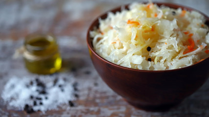 Sauerkraut in a bowl. Fermented foods. Probiotics Healthy food.