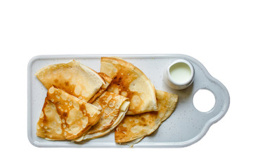 crepes and jam (thin pancakes, healthy breakfast) menu concept. background. top view. copy space