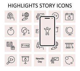 Newton's Day Set Line Vector Icon. Contains such Icons as Newton, Laws of physics and gravity, Flying Apple, Calendar, Teacher, blackboard and projector Editable Stroke. 32x32 Pixels