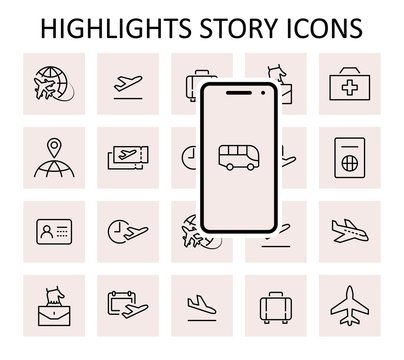 Set of Airport Related Vector Line Icons. Contains such Icons as Globe, Departure, Plane, Bus, Tickets, Baggage Claim, Calendar, Kit and more. Editable Stroke. 32x32 Pixels.