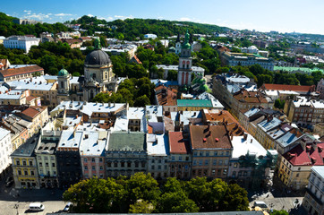 Panorama of the city of Lviv. Medieval city with red tiled roofs. A city for romantic people and lovers. Cozy Europe. Lviv, Western Ukraine, July 18, 2017