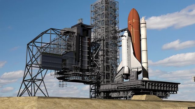 Realistic 3D Animation of Space Space shuttle ready to launch, Earth Orbital Spacecraft System. Time Lapse.