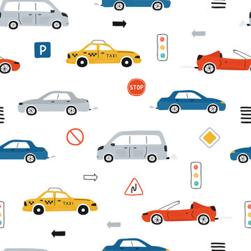 Cute children's seamless pattern with cars, traffic lights and road signs on a white background. Illustration of highway in a cartoon style for Wallpaper, fabric, and textile design. Vector