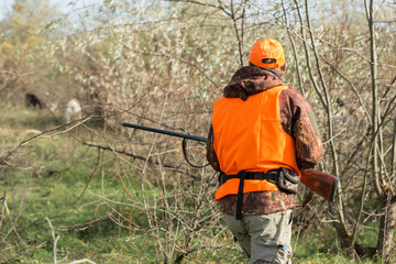 A man with a gun in his hands and an orange vest on a pheasant hunt in a wooded area in cloudy...