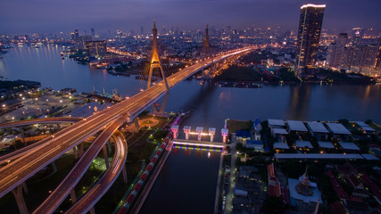 Fototapeta na wymiar beautiful aerial view of bhumibol bridge in bangkok thailand