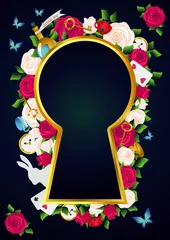 Foto op Aluminium Red roses and white roses, a clock and a key, a white rabbit, a potion, a Cup of tea and butterflies. Background of Wonderland. Rose flower frame and gold keyhole. vector illustration © svetlanasmirnova