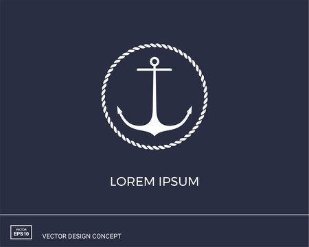 Anchor emblem with circular rope frame. Modern minimal flat design style. Simple logotype template. Vector illustration.