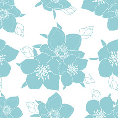 Seamless pattern of anemone flower blue silhouettes