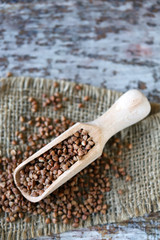 Selective focus. Raw buckwheat in a wooden spatula. Macro.