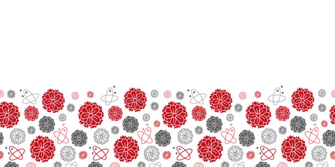 Zinnia Garden Border-Flowers in Bloom seamless repeat pattern Background in Grey and Red. Delicate Pattern Background. Surface pattern design, Perfect for fabric, scrapbook, wallpaper.