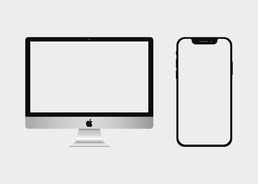 Apple IMac And IPhone. Realistic Modern Monitor, Computer, Smart Phone. Device Mockup. Electronics Industry. Vector Illustration. EPS 10