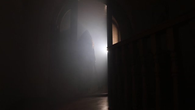 Silhouette of an unknown shadow figure on a door through a closed glass door. Spooky silhouette girl at night with smoke in background
