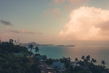 Plakat Beautiful sunset with sea view and with pool. Luxurious and rich life on the island. Tropics and exotic. Romantic look