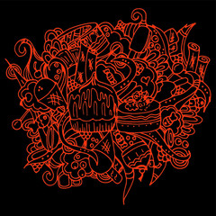 Confectionery. Desserts in a convoluted pattern. Sweets for tea. Freehand sketch. Bright outline on a black background. Twisting elements.