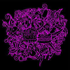 Confectionery. Desserts in a convoluted pattern. Sweets for tea. Freehand sketch. Bright outline on a black background. Twisting elements.