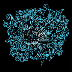 Confectionery. Desserts in a convoluted pattern. Sweets for tea. Freehand sketch. Bright outline on a black background. Twisting elements.