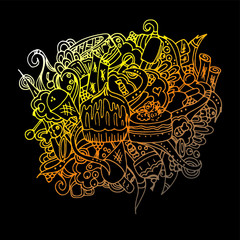 Confectionery. Desserts in a convoluted pattern. Sweets for tea. Freehand sketch. Bright outline on a black background. Twisting elements.