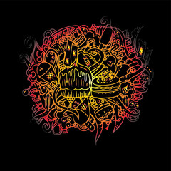 Confectionery. Desserts in a convoluted pattern. Sweets for tea. Freehand sketch. Bright outline on a black background. Twisting elements.