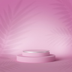 3d render, abstract soft palm leaves shadows over pink background with copy space for product displaying. Empty podium, vacant pedestal, round stage, cylinder platform. Modern minimal fashion concept