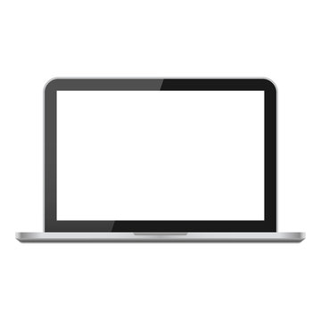 Modern laptop isolated on white background. Realistic silver glossy open notebook. White blank laptop screen with glare. Desktop pc. Frame computer for internet, technology, design, business. Vector.