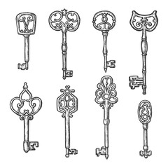 Ancient vintage keys with ornaments, sketch