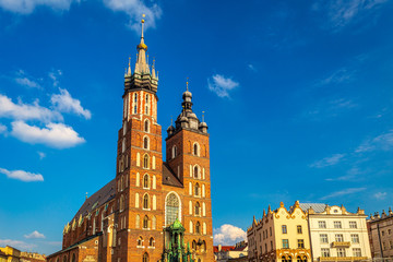 Saint Mary's Basilica on the main market square in Krakow town, Poland, Europe.