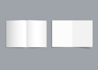 Mockup bifold brochure. White cover of flyer with shadow. Paper template booklet or leaflet for realistic magazine, pamphlet, card, flyer. Open page catalog format of a4, a3, a5. Empty blank. Vector