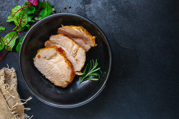 meat fried pork in roasting net (tasty and healthy meat grill food bbq) menu concept. background. top view. copy space