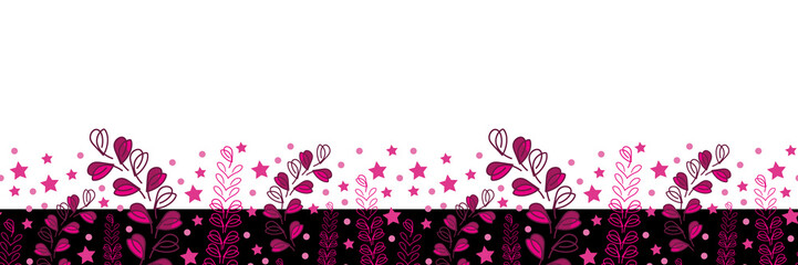 Lavender Nights Border-Love in Parise. Abstract Modern Lavender flowers seamless repeat pattern border in pink Black . Perfect for Fabric, Scrapbook, wallpaper.