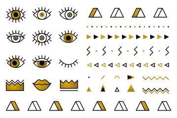 Geometric golden shapes set in 80s style. Memphis vector graphic elements on white background for tattoo stickers. Set includes triangle, eyes, lips, crown, border in line design.
