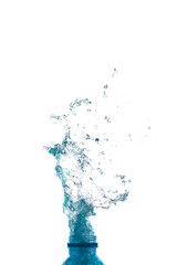 isolated of water splashing form the bottle on white background.