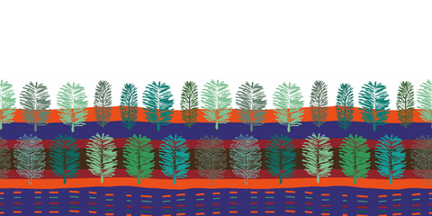 Forest at Sunset Border-Virgin Forest seamless Repeat Pattern illustration. Background in Green Blue and Orange