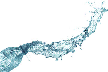 isolated of water splashing form the bottle on white background.