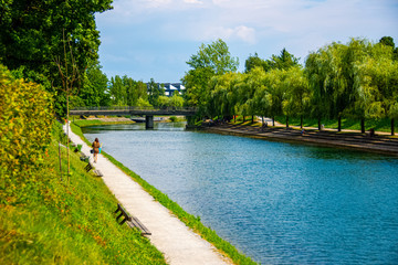 Walking area around the river Ljubljanica in Ljubljana the capital city of Slovenia