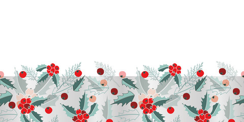 Mist Mistletoe Border-Marry Christmas, seamless repeat pattern. Multi layer border design of cypress leaves mistletoe in red,maroon,green,silver .Perfect for fabric, scrapbook,wallpaper.