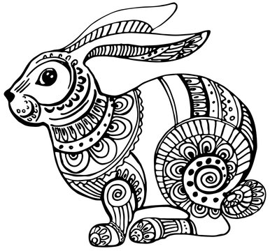 Easter rabbit with doodle and zentagle elements for coloring book. Greeting card, print Cute Bunny. Vector outline illustration. EPS 8