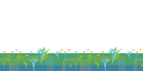 Abstract Fern Border-Virgin Forest seamless repeat pattern Pattern illustration borderof modern fern shapes and rectangle outlin in green blue and orange. Perfect for fabric, scrapbook, wallpaper.