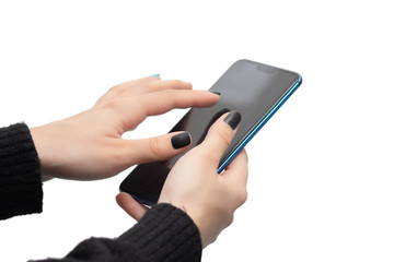 Female hands hold a smartphone on a white background