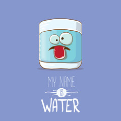funny cartoon cute smiling still water glass character isolated on violet background. My name is Water concept illustration. Kids food flat funky kawaii character