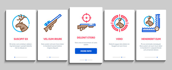 Hunting Equipment Onboarding Mobile App Page Screen Vector. Hunting Gun And Knife, Bullet And Trap, Dog And Deer, Photo Camera And Magnifier Concept Linear Pictograms. Color Contour Illustrations