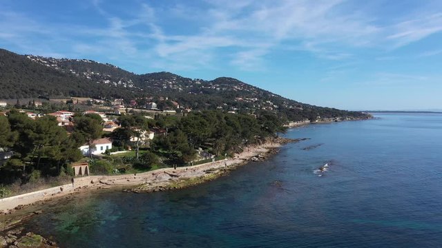 Beach Fr&eacute;d&eacute;ric Chopin Carqueiranne seaside resort town France mediterranean coastline aerial sunny day 