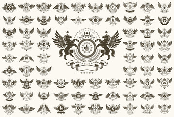 Classic style emblems big set, ancient heraldic symbols awards and labels collection, classical heraldry design elements, family or business emblems.