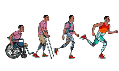 Evolution of rehabilitation. african man leg prosthesis