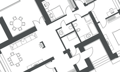 Architectural background. Part of architectural project, architectural plan of a residential building. Black and white vector illustration EPS10