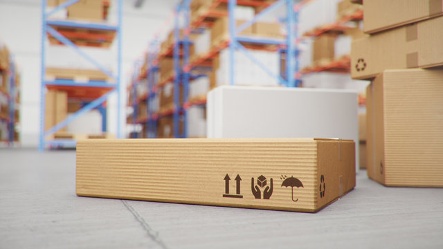 3D Illustration packages delivery, parcels transportation system concept, heap of cardboard boxes in middle of the warehouse. Warehouse with cardboard boxes inside on pallets racks. Huge warehouse.