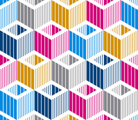 3D cubes seamless pattern vector background, lined dimensional blocks, architecture and construction, geometric design.