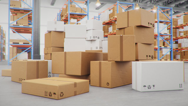 Cardboard boxes in middle of the warehouse, logistic center. Huge modern warehouse. Warehouse filled with cardboard boxes on shelves, boxes stand on pallets. Transportation system, 3D Illustration
