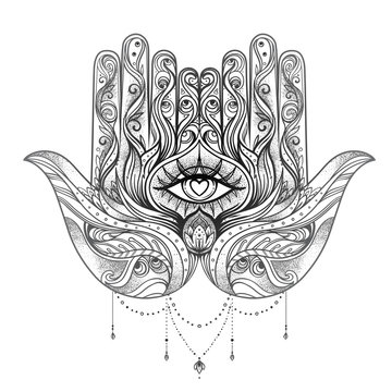 Ornate hand drawn hamsa. Popular Arabic and Jewish amulet. Vector illustration isolated on white. Tattoo design, mystic symbol. coloring book for adults. Black outline tattoo flash.