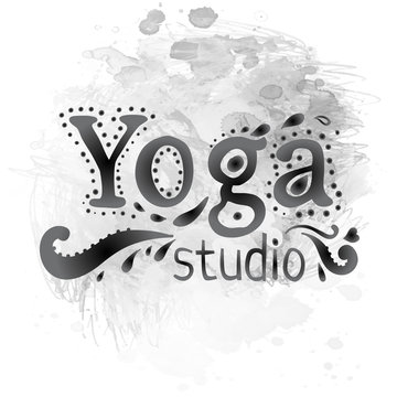 Yoga studio design template over ink or watercolor background. Hand drawn vintage style design element. Alchemy, spirituality, occultism, textiles art. Vector illustration for t-shirt print.